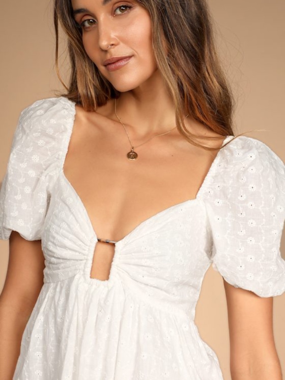Lulus Sunny Day Stunner White Eyelet Embroidered Babydoll Dress - Size M